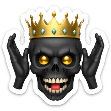 Demonic 3D skull holding its head by its hand in shock, mouth open, wearing a golden crown, dark horror vibe sticker