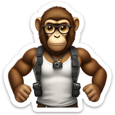 muscular monkey with glasses and camera around his neck with whole torso visible sticker