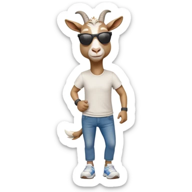 friendly anthropomorphised goat in jeans and a t-shirt, wearing dark sunglasses, jogging upright in standard pose sticker