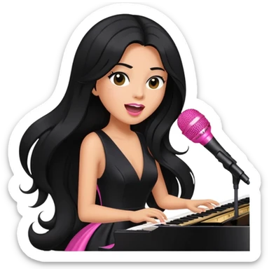pink microphone, music, singing, playing piano, long black hair tanned woman, black glam dress sticker