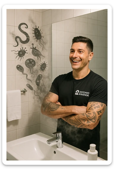 a man stands in a brightly lit bathroom, looking relieved and revitalized as he examines his reflection in the mirror. In the foreground, stylized, shadowy images of parasites (such as worms or protozoa) are shown leaving his body, dissolving into mist or fading away. His posture is upright and his expression is one of newfound energy and health. sticker