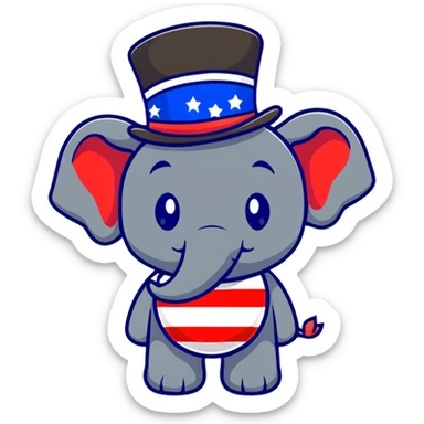 cute red elephant, simple flat design, round shape, patriotic top hat, cartoon sticker style sticker