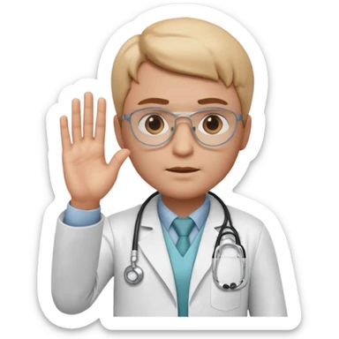 3D memoji doctor, hand raised forward in stop gesture, serious face, educational tone, white coat, stethoscope visible, centered, transparent PNG sticker