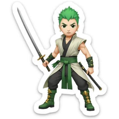 Muscular scarred warrior, short spiky moss-green hair, sharp steel-grey eyes, strong jaw, serious stare. Black trousers, boots, green sash with three katanas, open white coat, three gold earrings. Cinematic, ultra-realistic. (Roronoa Zoro) sticker