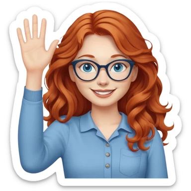 redheaded woman with long wavy hair, blue eyes, cat-eye glasses, casual outfit, smiling, waving sticker