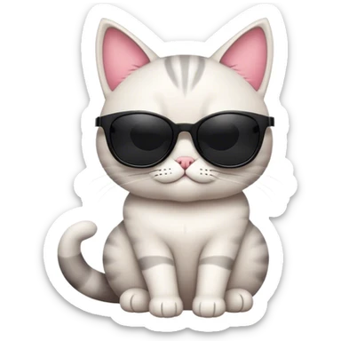 A cool, cartoon-style cat wearing oversized black sunglasses, sitting confidently with a relaxed expression. The cat has smooth fur, a small smirk, and a playful yet stylish posture. Flat, modern illustration, minimal shading, digital art, white background, iOS emoji aesthetic. sticker