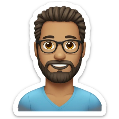Man bun with dark brown hair. Full beard, blue glasses, brown eyes sticker