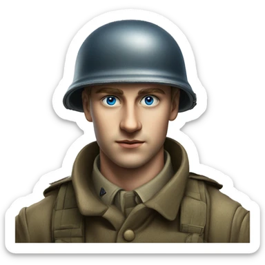 blue eyed  guy 28 years old german soldier in helmet 1940 photorealistic serious sticker