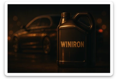 a premium dark moody automotive scene. A Winiron motor oil container stands in the foreground, illuminated by soft golden rim light. Background is a luxury car silhouette with warm reflections, blurred bokeh lights, and deep shadows. Add subtle metallic shine, glossy highlights on the container. Composition should feel cinematic, expensive, and powerful. No text, no distortions, keep the Winiron logo original. sticker