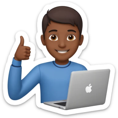 indian college boy holding laptop thumbs up sticker