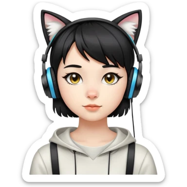 "- Nữ
- 15 tuổi
- Da trắng
- Tóc ngắn, đen, để mái chéo
- Đeo tai nghe tai mèo
" sticker