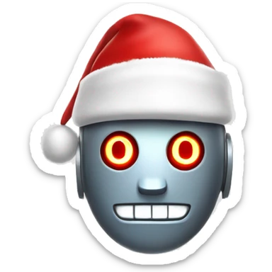 Emoji-style robot head with glowing eyes, wearing a festive red and white Santa hat, cheerful and cartoonish. sticker