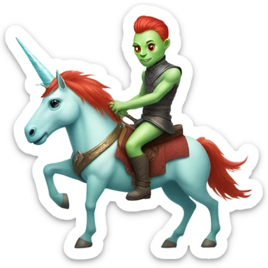 [politically incorrect
	{ man: alien, color: light green, hair:red, eyes:cat} ]
	on a 
	[{ unicorn: white, legged:four, mane: light blue }] sticker