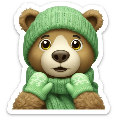 Cute Bear with knitted Sage green mittens sticker
