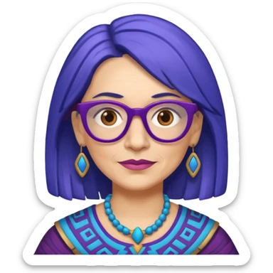 50-year-old woman with purple glasses, brown eyes, and Aztec blue shoulder-length hair sticker