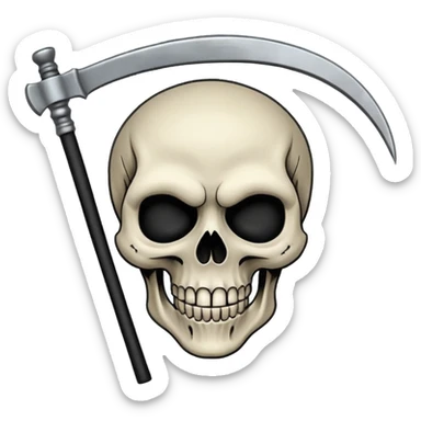 A laughing skull with a scythe crossed behind it, one eye socket winking. Clean, stylized lines, flat vector. Medieval woodcut style. Black and white with one accent color (tarnished silver). No background. sticker