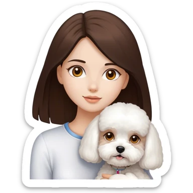 chica de piel clarita con pelo largo y moreno oscuro y liso con ojos marrones un poco color miel y muy mona con su perrito raza bichon maltes  sticker