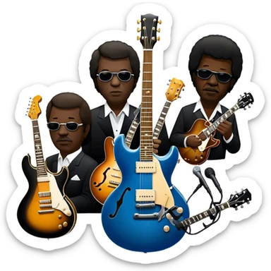 Icon for Blues Music: close-up collage of legendary blues artists. Gary Moore, Eric Clapton, B.B. King and Joe Cocker. Represented by silhouettes or symbolic items like guitars, microphones, or music notes, reflecting the soulful energy of blues music. Transparent background. sticker