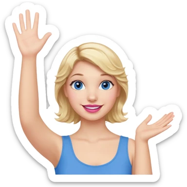 Girl Blonde short wavy hair,  blue eyes, cute blue top, long lashes, pink lips, smiling, hand in the air sticker