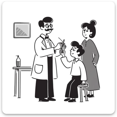 A Victorian doctor giving a young poor boy a vaccination with the boy's mother in the background looking worried sticker