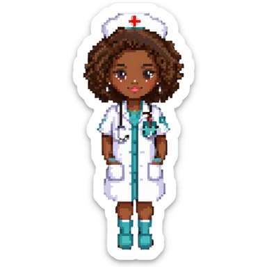 afro latina nurse with brown skin, curly hair, nurse outfit sticker