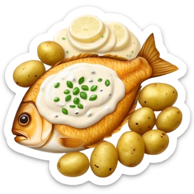 Fried fish with boiled potatoes and white sauce  sticker