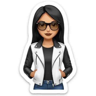 beautiful fit woman, with long straight black hair, with make up, black eye liner, smile mooth close, mexican, brown skin, wearing white tee, wearing leather black jacket, solar black wayfarer rayban sticker