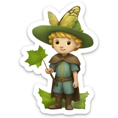 Medieval little whimsical boy who is pale and he has a leaf hat and is riding a butterfly sticker