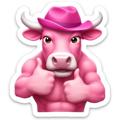 pink colour Bull wearing hat showing his six-pack muscles and giving a thumbs-up sticker