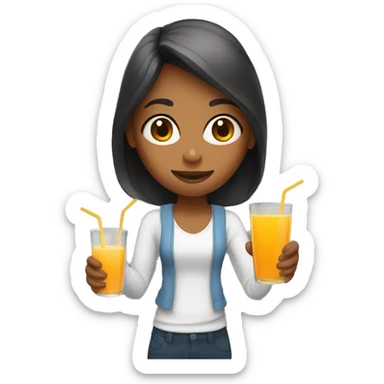 a girl holds a glass with orange juice in one hand and an apple juice in another hand sticker