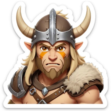 Cinematic Fierce Barbarian Portrait Emoji, Poised and bold with a rugged yet cartoonish build in tattered furs and a horned helmet, expressive bright eyes and a confident smirk, Simplified yet dynamic features, highly detailed, glowing with a vivid, adventurous aura, high shine, heroic and spirited, stylized with an air of medieval warrior charm, focused and energetic, soft glowing outline, capturing the essence of a fearless barbarian adventurer ready to lead his clan with spirited valor! sticker