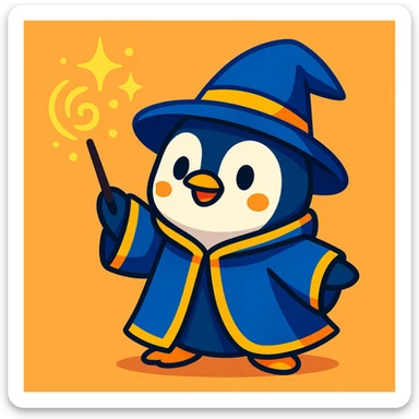 a cute penguin wizard casting a spell, wearing a robe and holding a wand, in a colorful cartoon style sticker