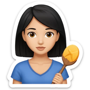 Pretty tan girl with black hair holding a hun sticker