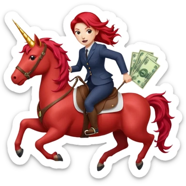 red horse red hair agressive unicorn running money on on the saddle sticker