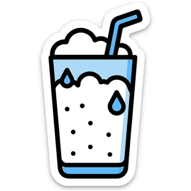 Ayran icon with extra detail, classic glass, white drink, blue and white color palette, visible foam, condensation, straw, color outline style sticker