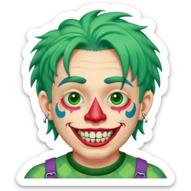 very colorful puffy green haired man made out of candy wearing teeth-braces and excessive face tattoos and excessive piercing just face  sticker