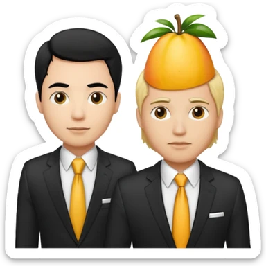 BLACK HAIR LIGHT SKIN MAN WITH A T-SHIRT WITH A MANGO ON IT, AND HIS BOSS LIGHT SKIN MAN BLONDE HAIR DANDOLE DINERO sticker