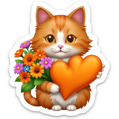 A cat with a heart in its arms and a bouquet sticker