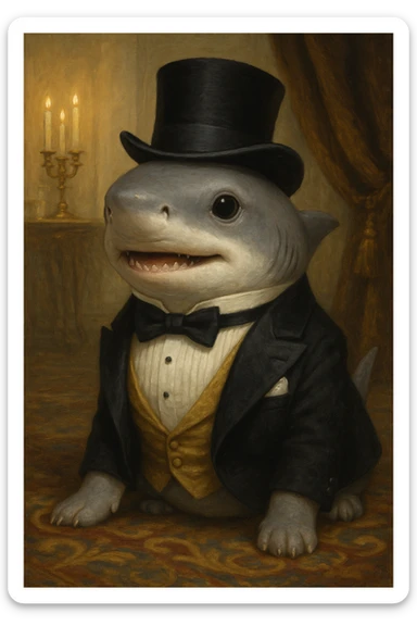 a shark puppy dressed for a high society party sticker