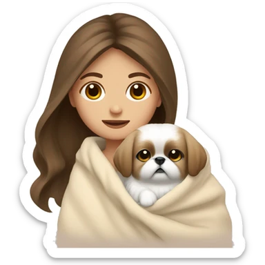 A Women with brown hair is cradling her white Pekingese in a beige blanket sticker