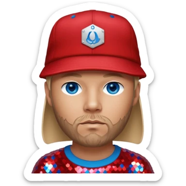 Fred Durst with long dark blonde hair, red sequin shirt and hat, blue eye sticker