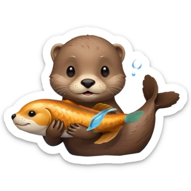 adorable otter floating on water, holding a fish sticker