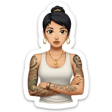 Tan skinned woman with arm tattoos, black hair nose piercing with a tank top and gold necklaces sticker