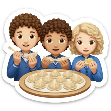 Can you create an emoji of three 23 year olds eating dumplings. One boy with brown curly hair one Jewish girl and one half Indian / half white girl.  sticker