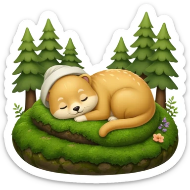 cozy forest character curled up on moss pillow with nightcap sticker