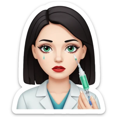 White woman with dark hair and makeup getting an injection on a face sticker