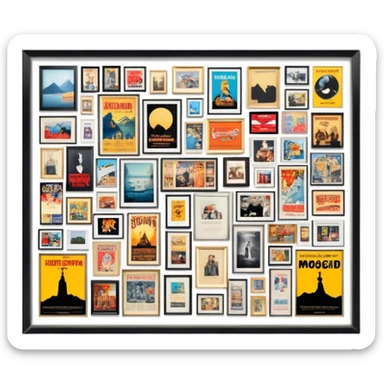 Icon for Photograph and Poster Collecting: a collection of photographs and movie posters, neatly displayed on a wall or in frames. The icon should evoke the nostalgia and artistic value of collecting rare images and posters. Transparent background. sticker