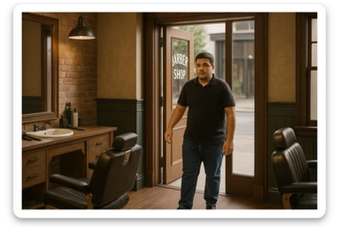 Shu odamni sartaroshxonaga kirib kelayapti  o'smirin davri rakurs ichkaridan sartaroshxona eski ham yangi ham emas bolani juda semiz qilib yuborma  u huddi sartaroshxonani  hammadan oldin kelib ochsinshu kadrni 2ta3ta rakursdan yarat sticker