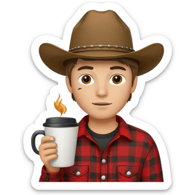 generate an ios genmoji of a 20 year old tan boy with a cowboy hat and side burns. Wearing a flannel and carrying a coffee mug sticker
