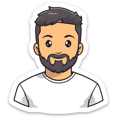 young man with wheatish skin, beard, age 24, wearing black tshirt sticker